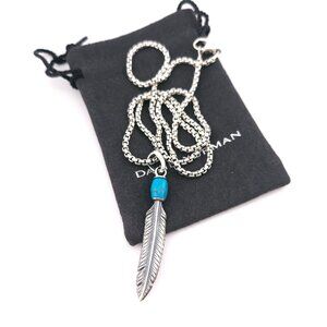 David Yurman Sterling Silver Southwest Turquoise Feather Pendant 20" Inch Chain
